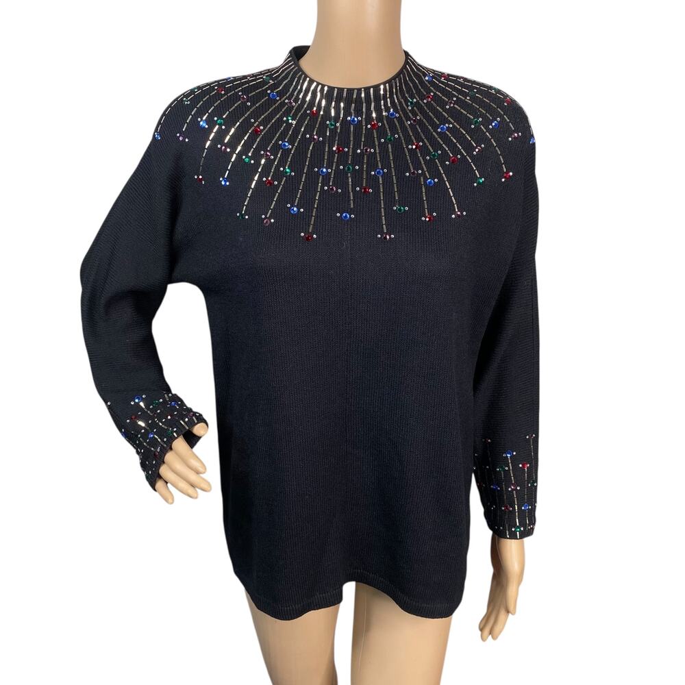 St. John Sequin Rhinestone Starburst Heavy Knit Sweater SZ S Mock Neck Vintage